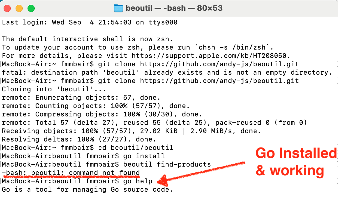 Go Installed but beoutil cmd not found
